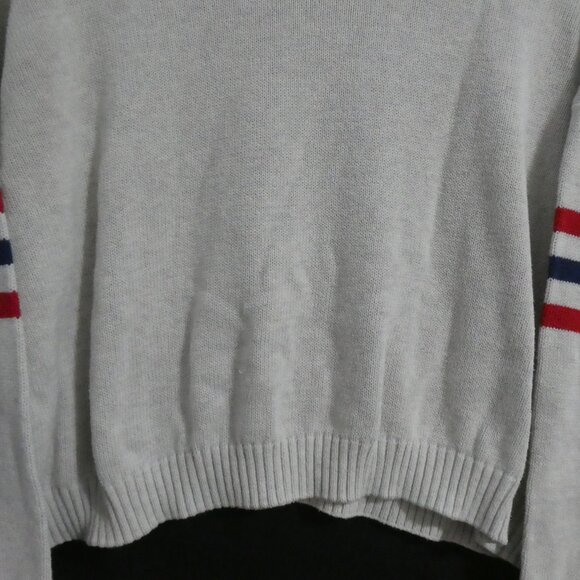 Women's Grey Cropped Sweater | medium | Red and Blue Striped Sleeves - Picture 7 of 15